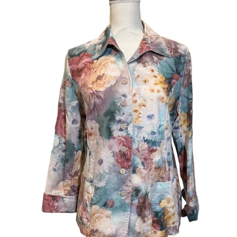 Serengeti Linen Blend Button Front Blazer Jacket Watercolor Floral Size Large